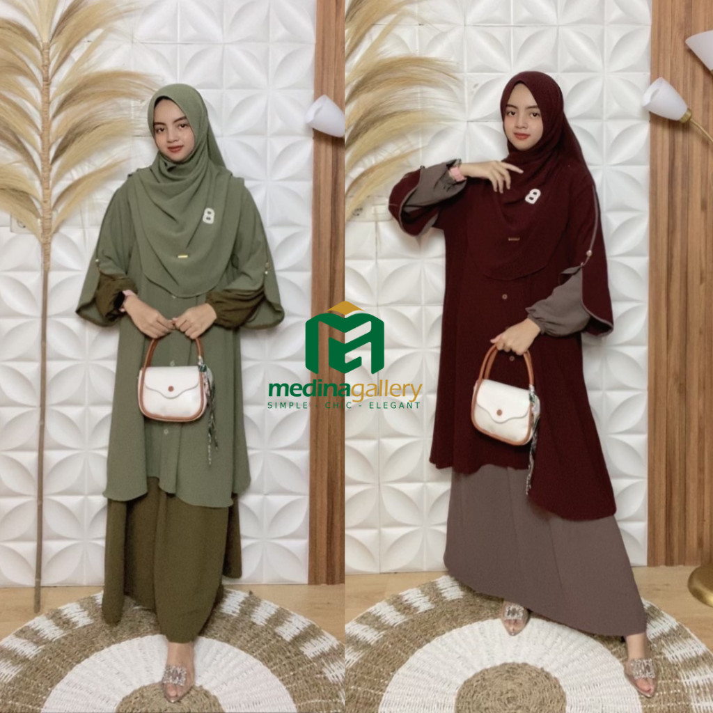 HK67TF (READY) Salima Dress One Set Rok Tunik Syar’i Full Kancing Set Hijab Pasmina Oval