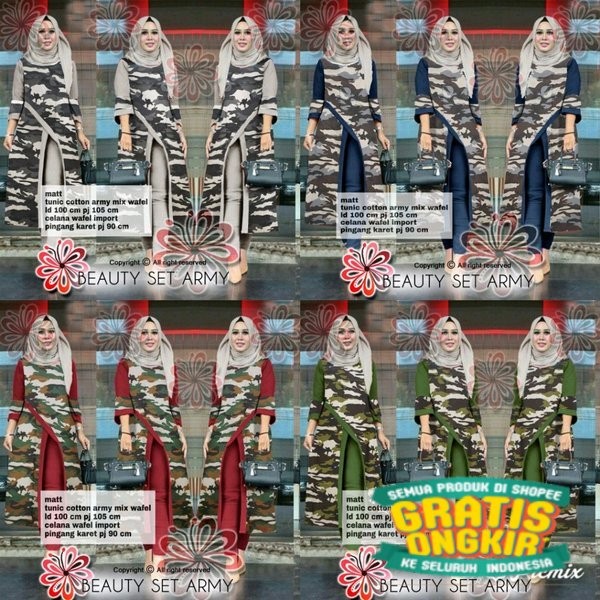 BBL / SET BEAUTY TUNIK ARMY PANJANG WANITA MURAH CELANA PINGGANG KARET TUNIK MUSLIM PAKAIAN MUSLIN/ 