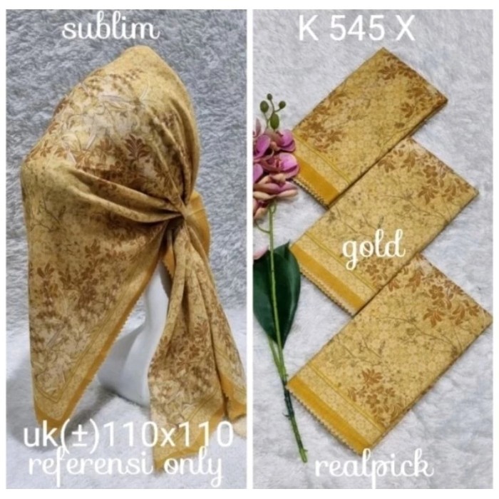 Hijab Segi Empat Voal Motif Bunga Warna Gold Kerudung Jilbab Terbaru