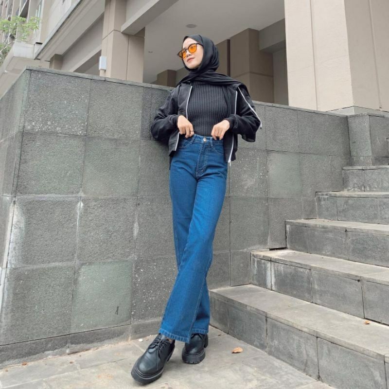 CELANA KULOT JEANS WANITA HIGHWAIST/ HIGHWAIST KULOT LOOSE JEANS/ KULOT JEANS KOREA - Celana jeans w