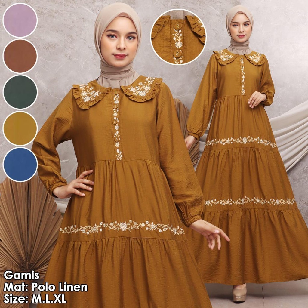 GAMIS POLOLINEN BORDIR KERAH DEPAN