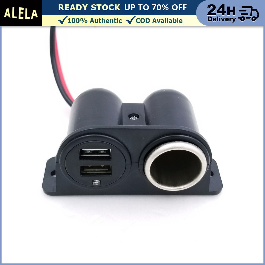 Alela Adapter Charger Mobil 2 USB Port + Cigarette Lighter Plug Adapter 3.1 A