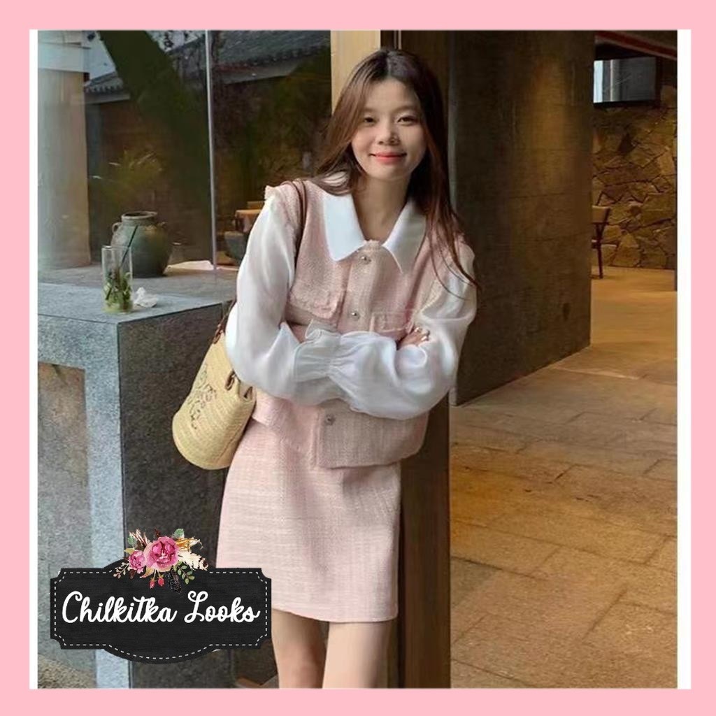 CHILKITKA LOOKS FASHION CEWEK 2IN1 SET WANITA IMPORT KOREAN/ ONE SET ROMPI/VEST N MINI ROK TWEED