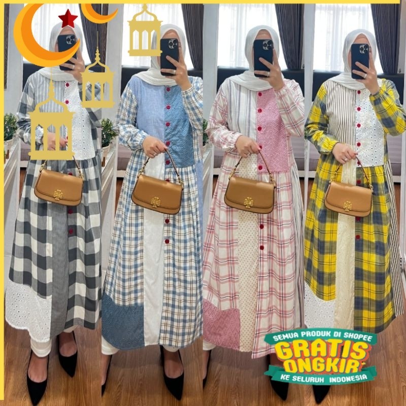 Midi dress wanita muslim Katun kombinasi syaina by semut long tunik premium terbaru/ buat lebaran id
