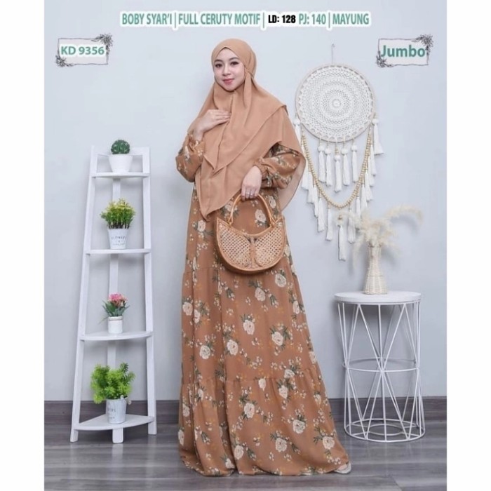 SETELAN GAMIS KHIMAR CERUTY JUMBO MOTIF BUNGA MAXI DRESS SYARI POLOS - Abu Muda