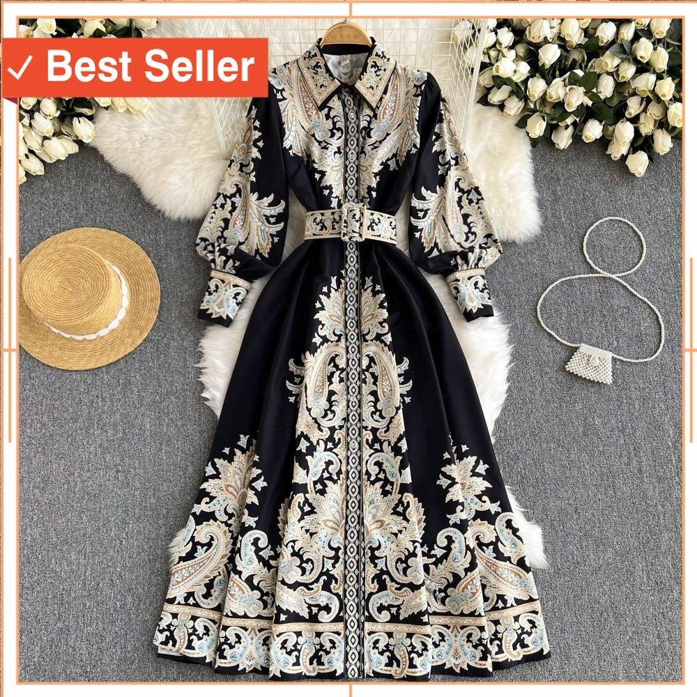 Keren Vintage Dress Wanita Kekinian Murah / ZLORE - HIJAB FRIENDLY - Court Style Retro Dress Printed