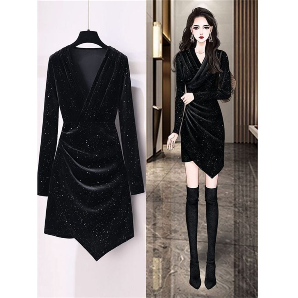 New temperament V-neck gold velvet dress for women