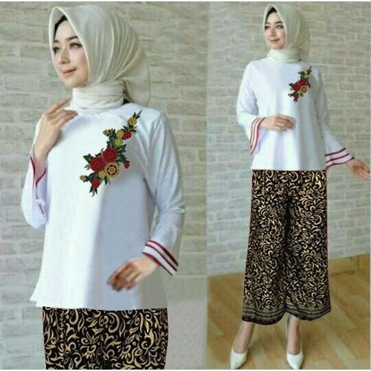 Baju st bordir+kulot Batik OX Setelan Wanita babytery putih Kekinian