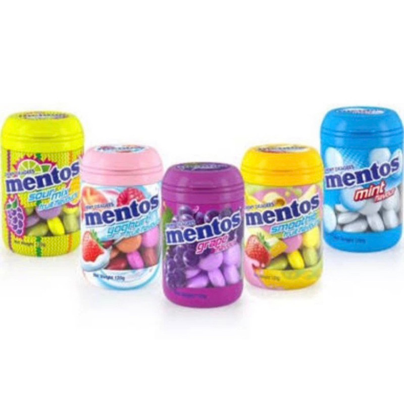 

MENTOS Bottle Import Chewy Dragees - Mentos Botol Import - Grape Flavor - Sour Mix Fruit Flavor - Yogurt Fruit Flavor - Mint Flavor @120g