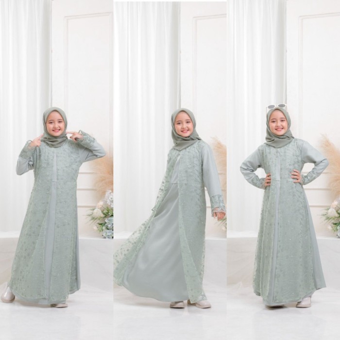 Baju Gamis Lebaran Couple Ibu Anak Dress Brukat Brokat Premium Tile - Sage Green