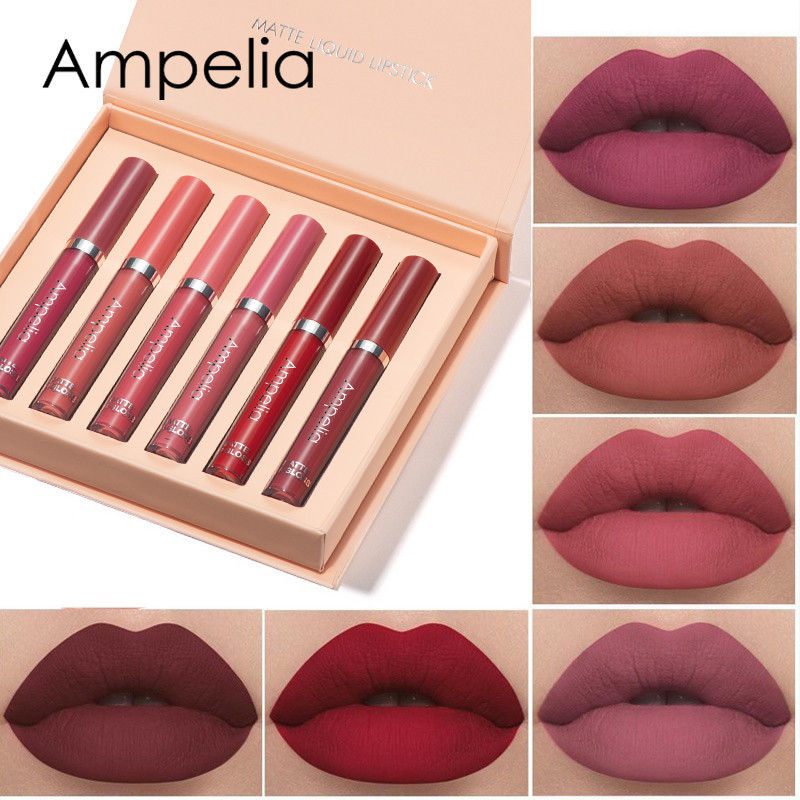 【Baru】Ampelia Lip Matte Gloss Set Matte Liquid Lipstick Lipstik paket 6 warna Long-Lasting Wear Non-