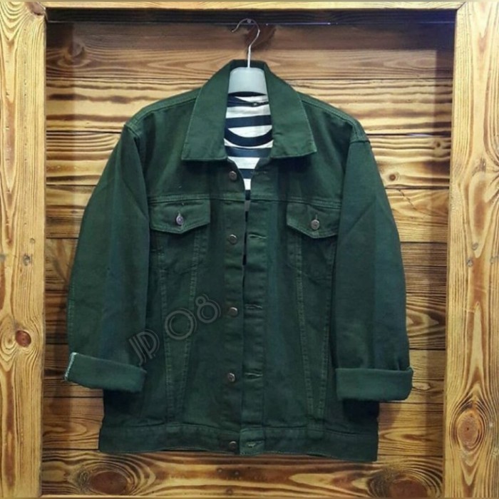 JACKET JEANS OVERSIZE PRIA WANITA HIJAU ARMY DENIM JINS JUMBO GREEN - Dongker, M