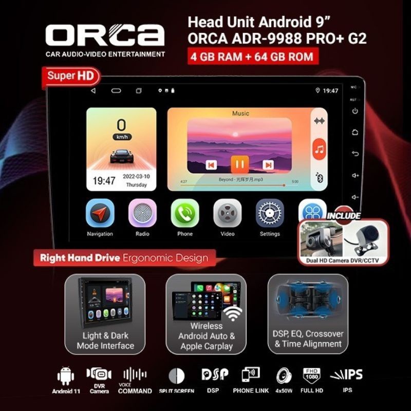 Head Unit Android 9 inch ORCA ADR-9988 PRO+ G2 Gen 2 DSP Dual DVR/CCTV Headunit Double Din