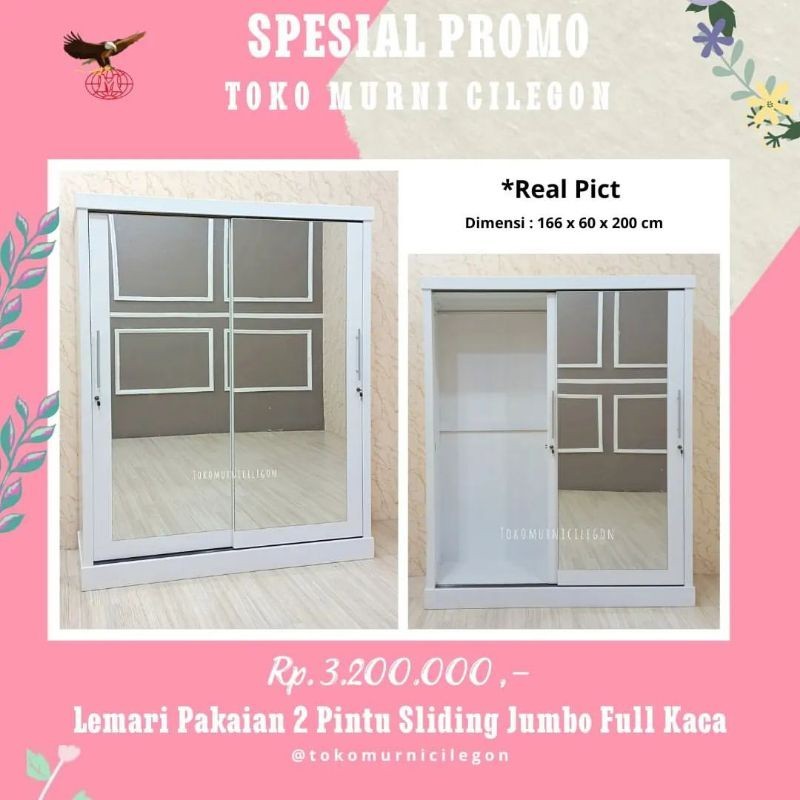 

PROMO SPESIAL Lemari Pakaian 2 Pintu Sliding Jumbo Full Kaca (Free ongkir cilegon serang)