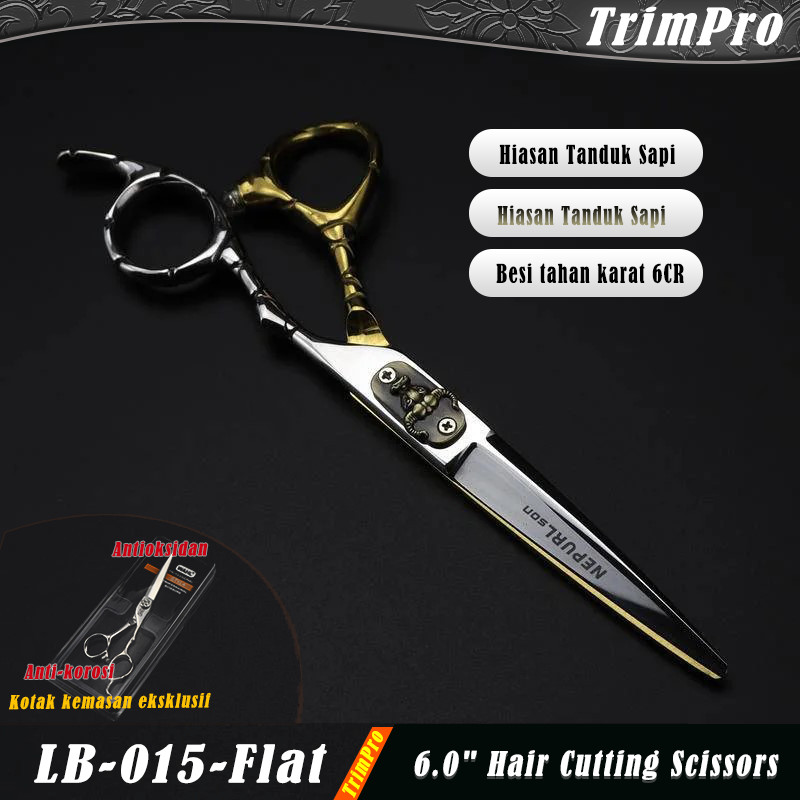TrimPro LB-015-6.0 Gunting Barber Profesional Elegan - Warna Putih & Emas dengan Hiasan Tanduk, Supp