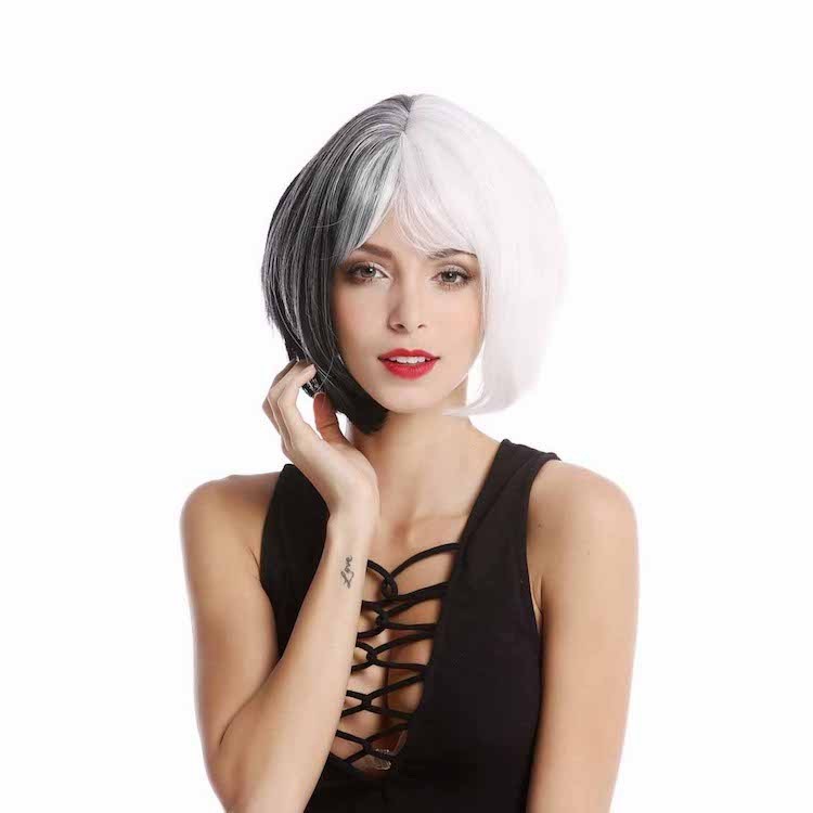 Kostum Sintetis Cruella De Vil Wig Setengah Hitam Putih