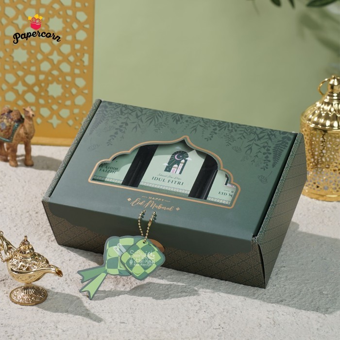 

10 Pcs Box Hampers Lebaran - Hijau Ketupat Muat 3 Toples HT901