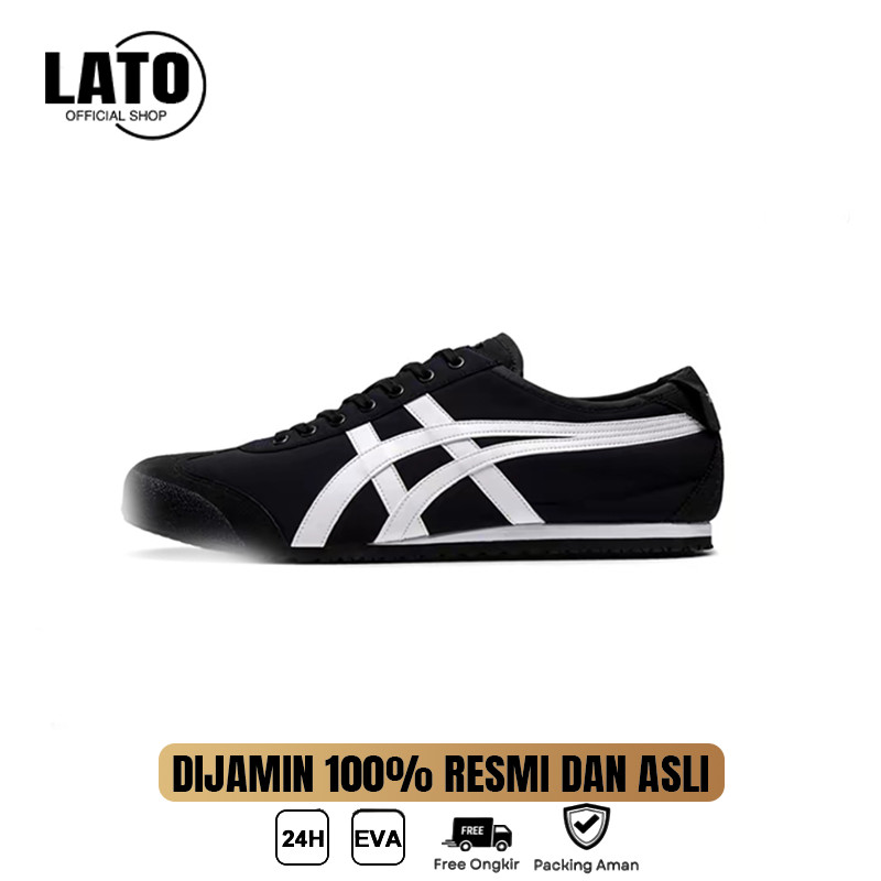 Sepatu Onitsuka Tiger MEXICO 66 Slip-on Black White Sneakers Cowok Hitam Nyaman casual ootd