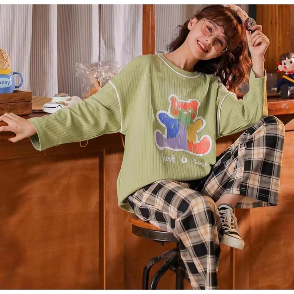 Baju tidur piyama pp kaos import lengan panjang celana panjang SETELAN SETCEL ONESET SET PIYAMA BAJU