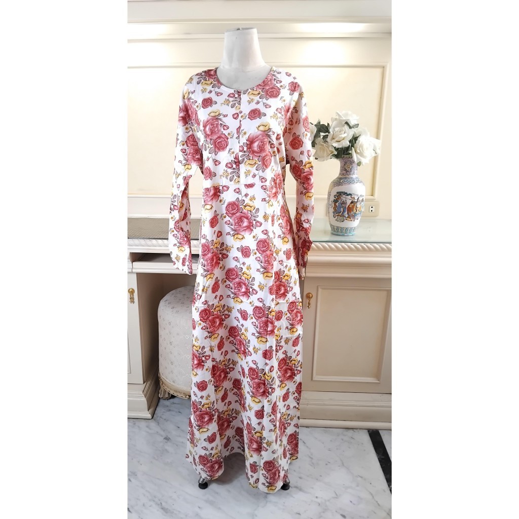 GAMIS KATUN JEPANG MOTIF BUNGA BESAR MERAH KUNING (PUTIH)