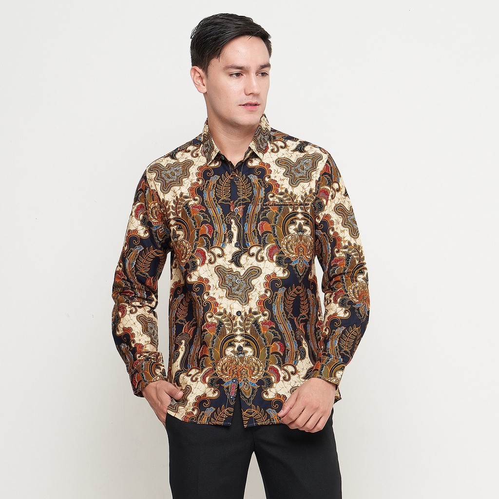Kemeja Batik Pria Atasan Batik Modern Lengan Panjang Warna Dasar Navy OLR087