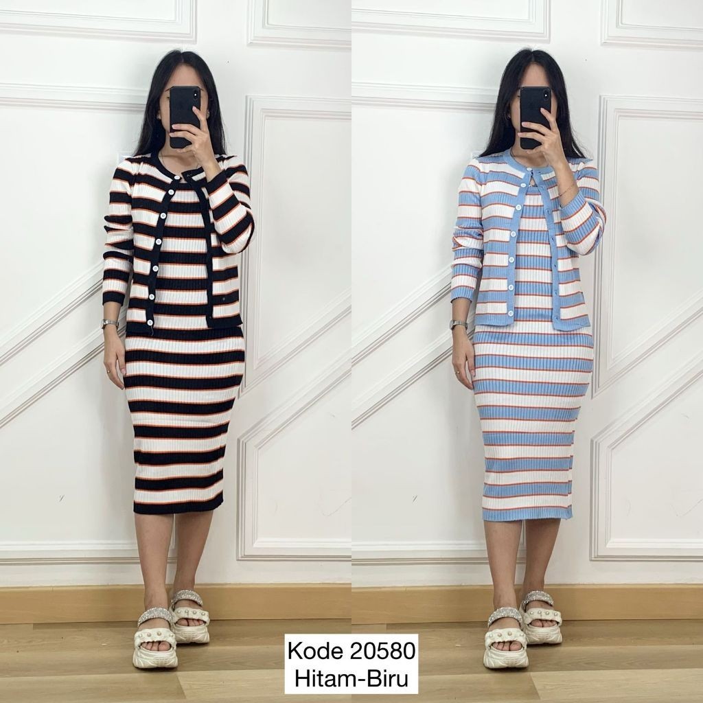 20580 DRESS RAJUT BODYCON 2IN1 FULL MOTIF GARIS GARIS INNER LONG DRESS SATU TALI MIX OUTER CARDI RAJ