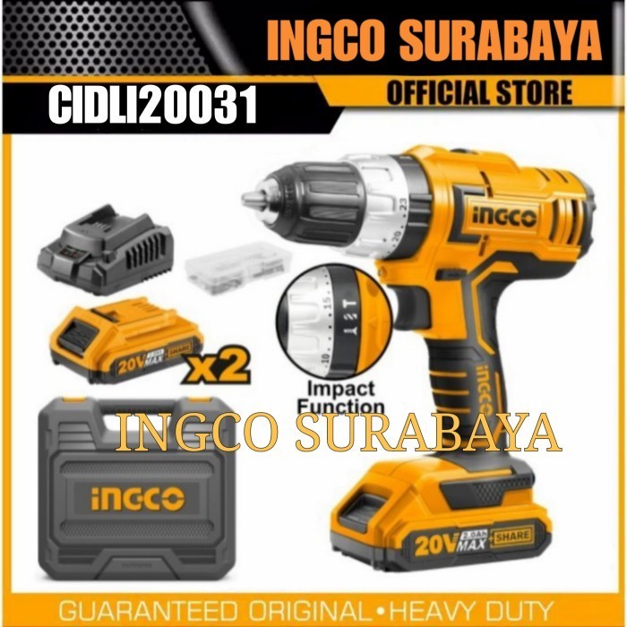 INGCO CIDLI20031 IMPACT DRILL 13MM BOR TEMBOK BATERAI CORDLESS P20S