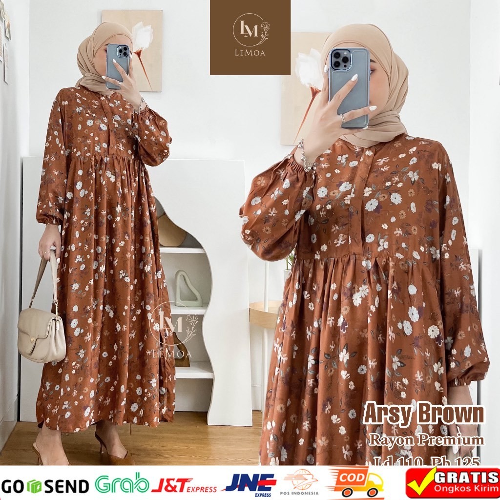 Arsy Midi Dress Rayon Motif Bunga by Lemoa Bahan Rayon Premium Terlaris Ld 110 Pb 125 Katun Flowy Dress Busui Friendly Adem Fit Nyaman Daster Panjang Gamis Wanita Muslim Simple