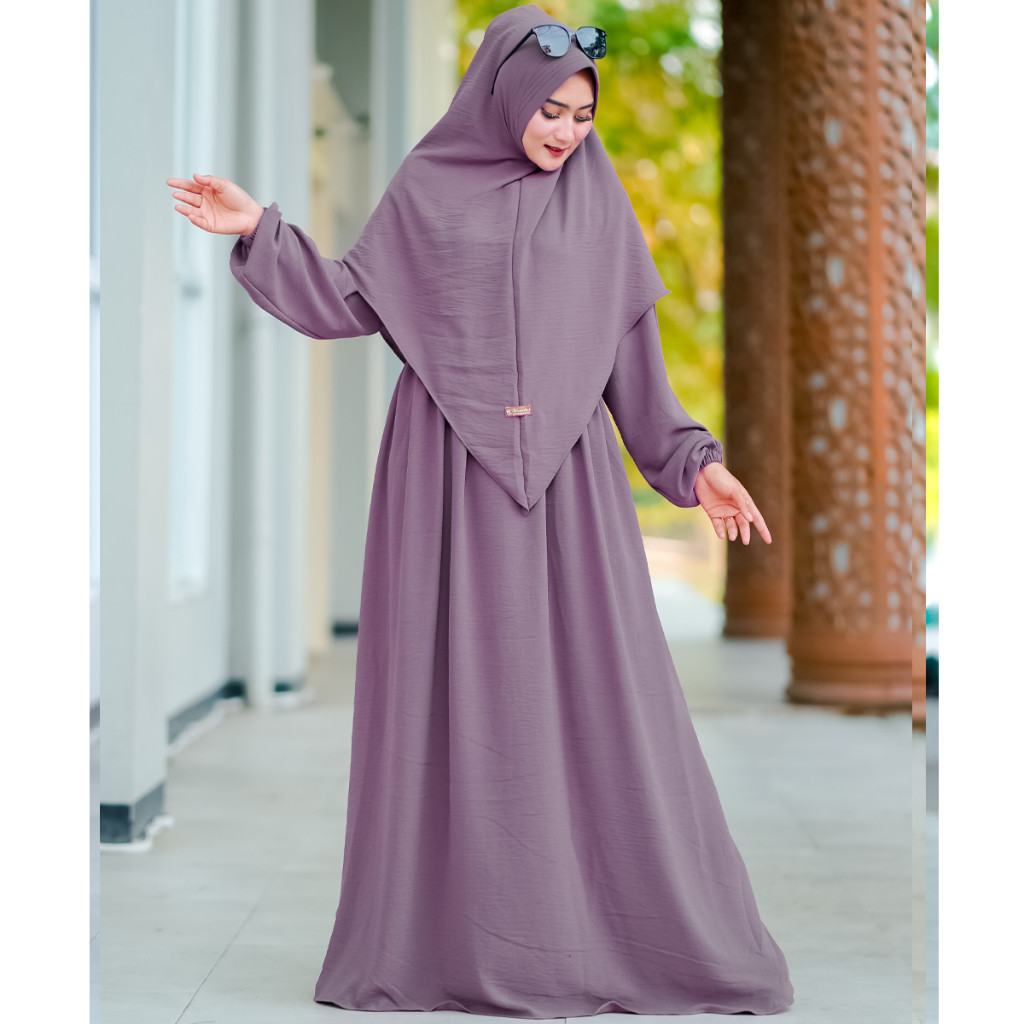 SF52HK Gamis Set Hijab Luna Syari Bahan Crinkle Airflow - Gamis Elegan Simple - Gamis Terbaru 2023 Viral