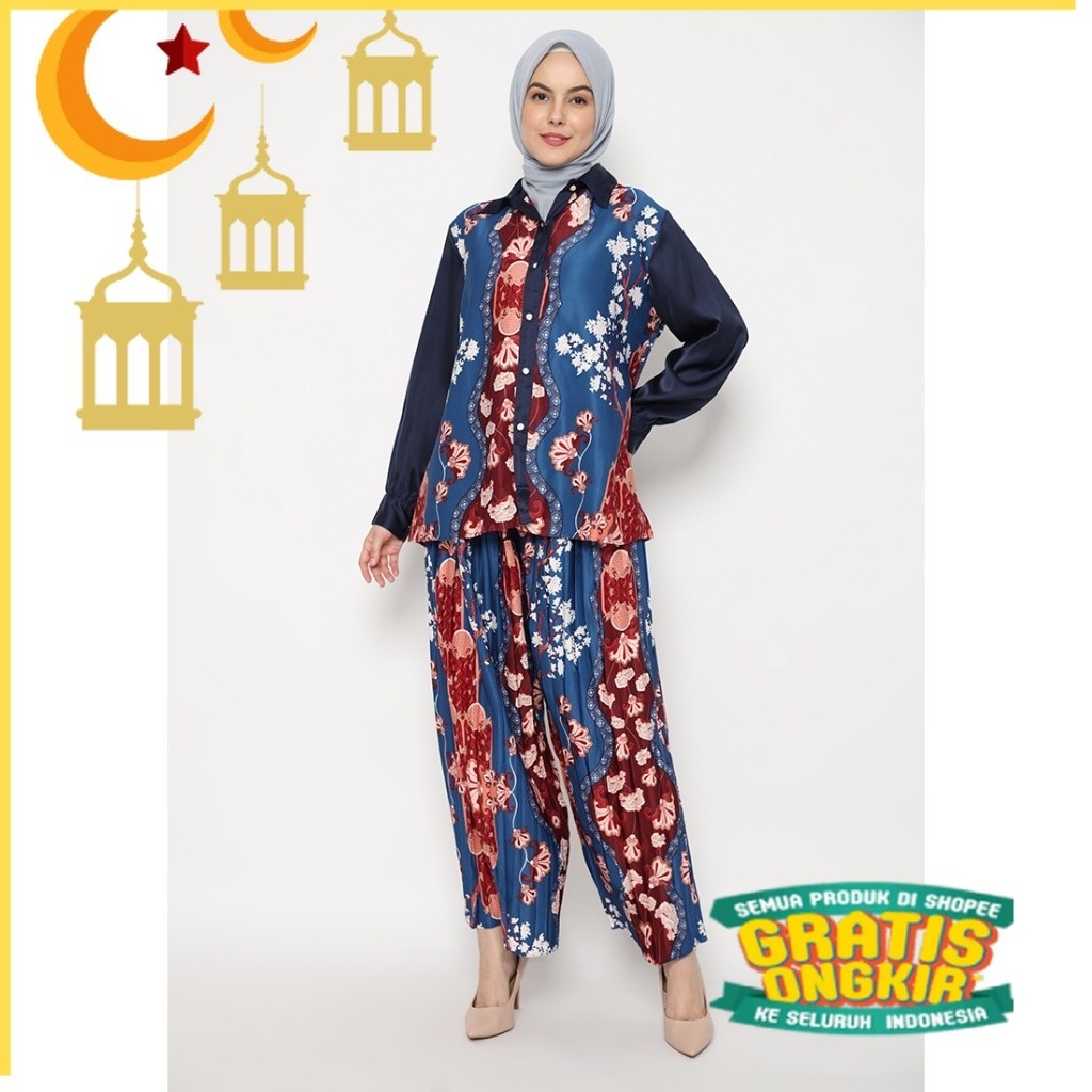 By Puricia - Setelan Hassenda Ladies Baju Wanita Muslim Casual Plisket Alanza One-Set Satin Silk Mot
