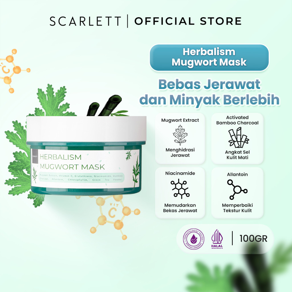 Scarlett Whitening Herbalism Mugwort Mask 100gr - Original Masker Wajah Scarlet