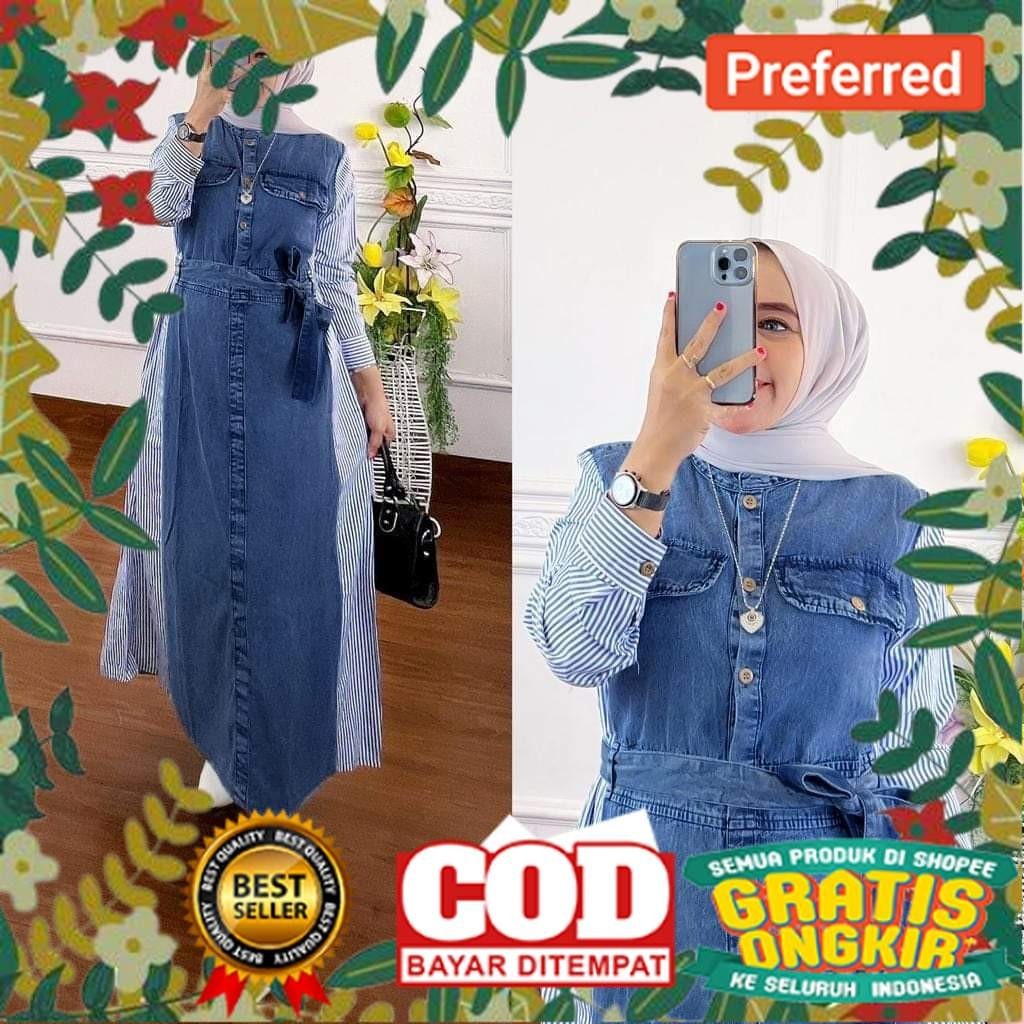 Gamis Jeans kombinasi Salur / Gamis Jeans wanita / Gamis Muslim wanita /Celline Dress Maxy Jeans// O