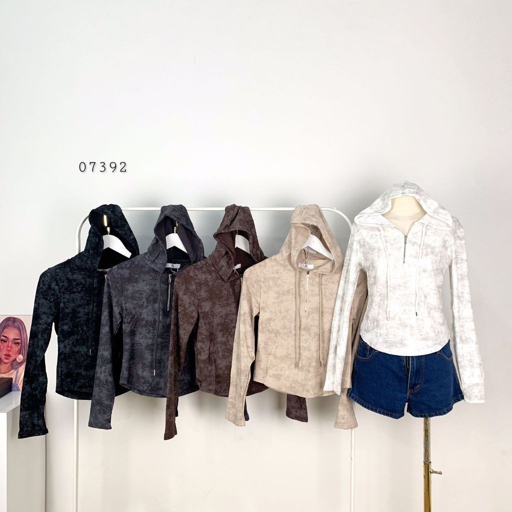 ATASAN KAOS HOODIE CROP JL CLASSIC FASHION VARIASI LEHER V NECK MIX ZIPPER LENGAN PJ PREMIUM WANITA 