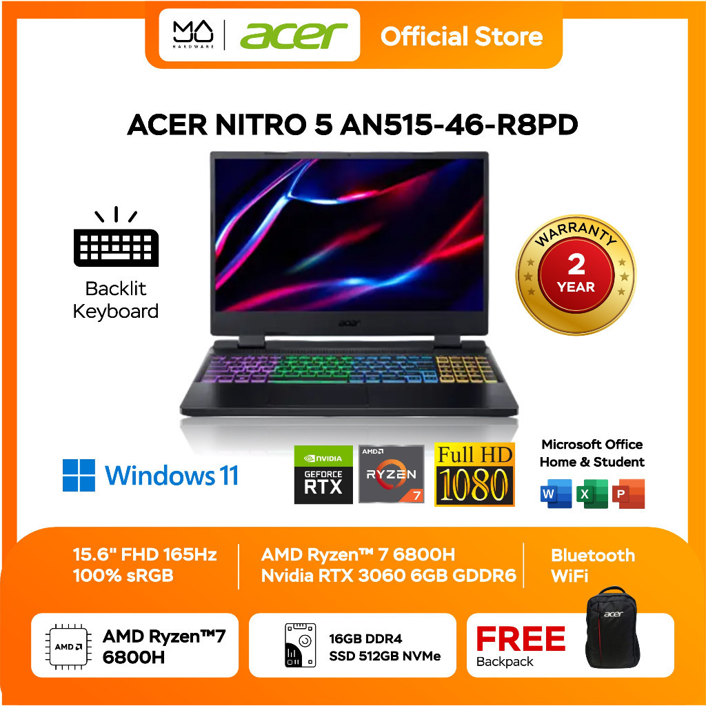 Laptop Acer Nitro 5 AN515-46-R8PD – Black [Ryzen 7 6800H-16GB-SSD 512GB-RTX3060]
