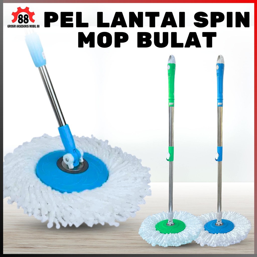 Tongkat Handle Pel + Kain Spin Mop Alat Pel Lantai Putar Stick Set Mop With Headmop Otomatis