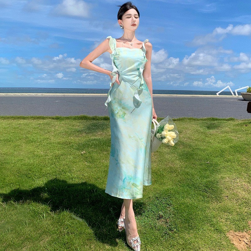 long green dress hijau sage pantai press body korean style dress kondangan tanpa lengan casual dress