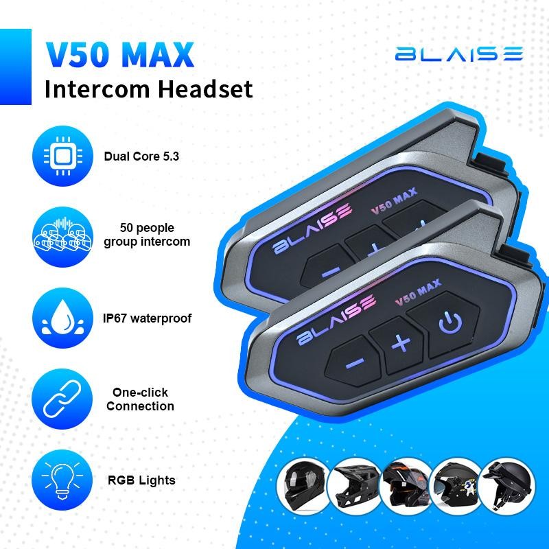 BLAISE V50 MAX Mesh Intercom Headset 2-50 Pengendara Helm Headset group intercom One-click Connectio