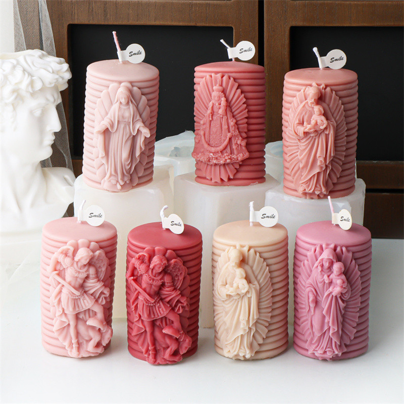 

New Design 3D Virgin Mary Silicone Candle Mold DIY Cylindrical Jesus Statue Scented Candle Gypsum Mold Religious Home Decoration