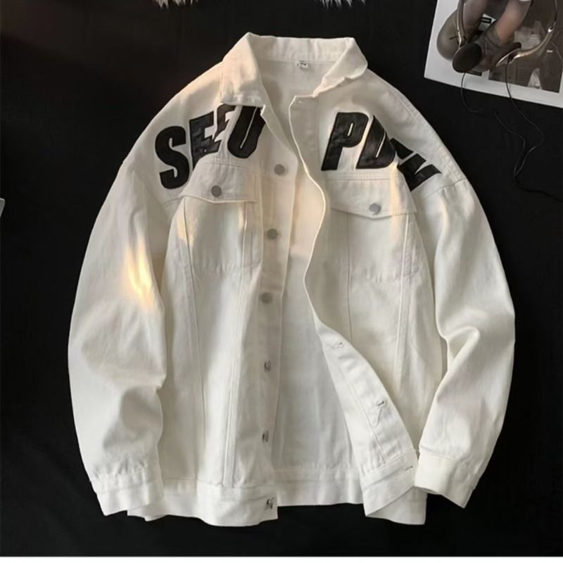 American retro high street work jacket printed denim jacket for men