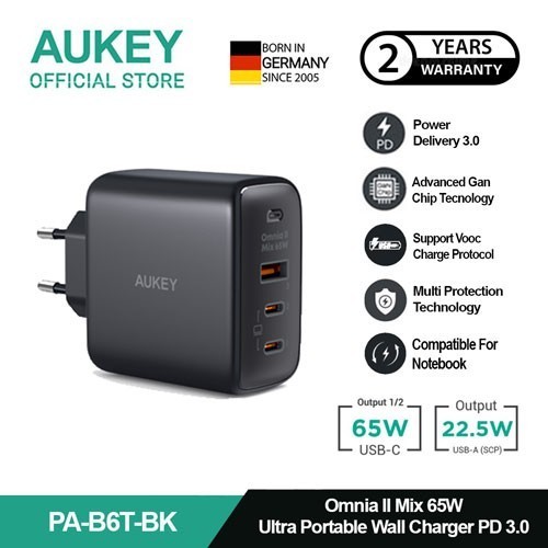 AUKEY Charger Multi Port Type C65W GAN PD 3.0 Fast Charging PA-B6T