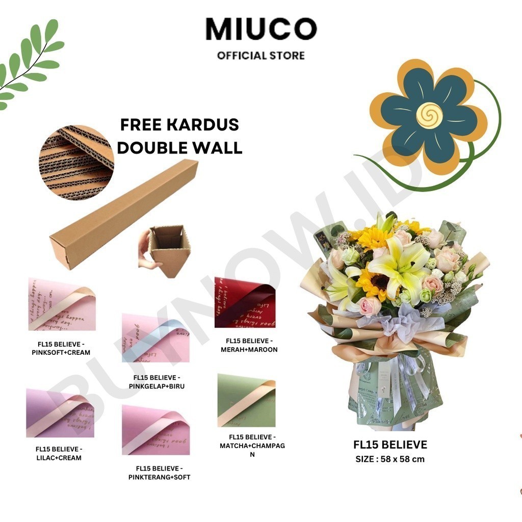 

MIUCO - (5 LEMBAR) - FL15 BELIEVE Kertas Bunga Paper Buket Motif Tulisan Text Florist Cellophane