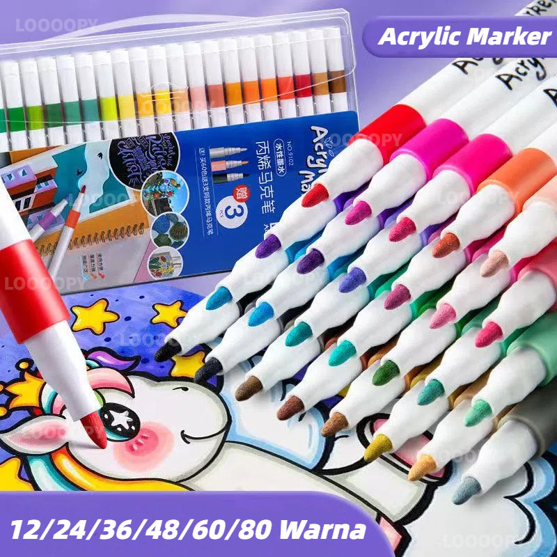 

LOOOOPY Pen Akrilik Marker Warna Cepat Kering Tahan Air / Spidol Acrylic Painter / Menggambar Kreativitas Seni Edukasi Anak / 12/24/36/48/60/80 Colors Akrilik Marker Set