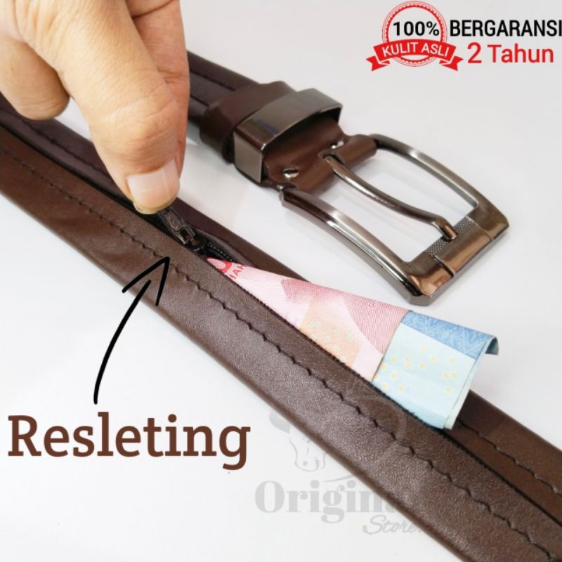 Ikat Pinggang Resleting Pria Sabuk Pria Resleting Dalam Gesper Sleting Kulit Asli