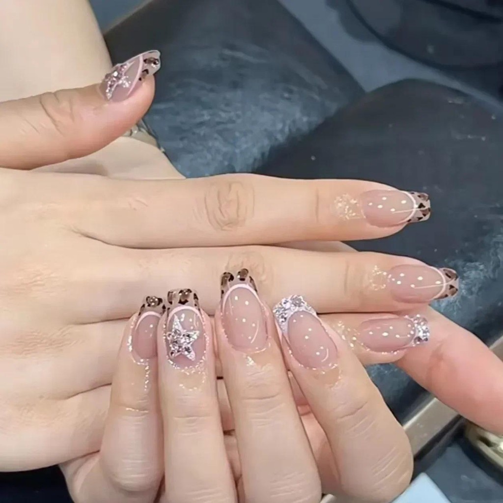 10Pcs Handmade Leopard Print Fake Nails with Glue Wearable Acrylic Press on Nails with Golden Cat Ey
