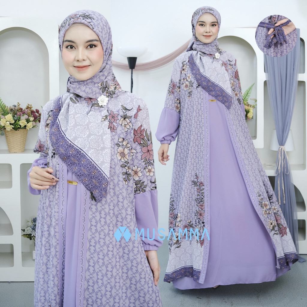 GH67UJ AMANDA DRESS - Gamis Ceruty Mix Ceruty Print Full Furing Busui dan Wudhu Friendly Kerudung Se