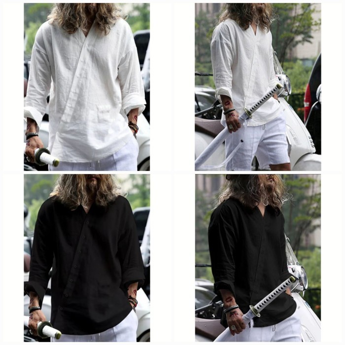 kimono jubah terbaru atasan katun linen kasual pria lengan panjang - Hitam, M