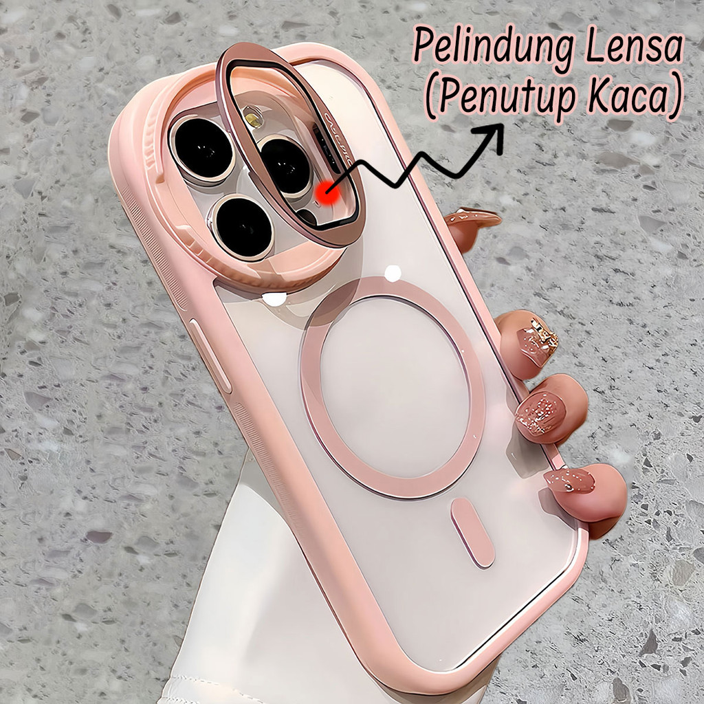 [Lensa Kaca Pelindung Terintegrasi] Premium Silicone Pink Case Folding Stand Casing HP For iPhone 15