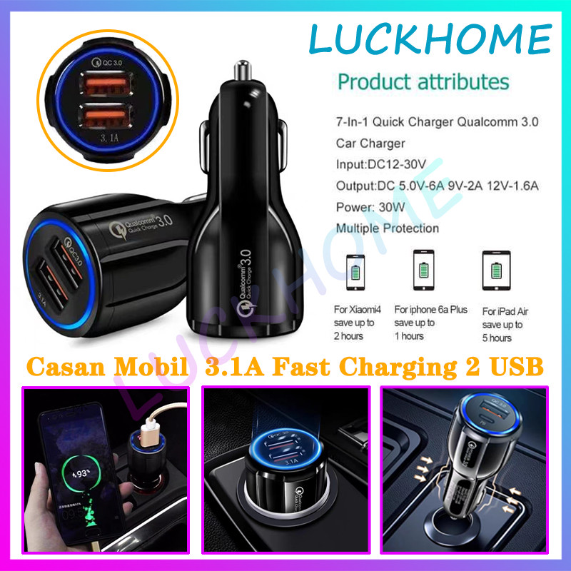 Car Charger Mobil 2usb 3.1A 12V-24V Output Casan Mobil  3.1A Fast Charging 2 USB Car Charger Colokan
