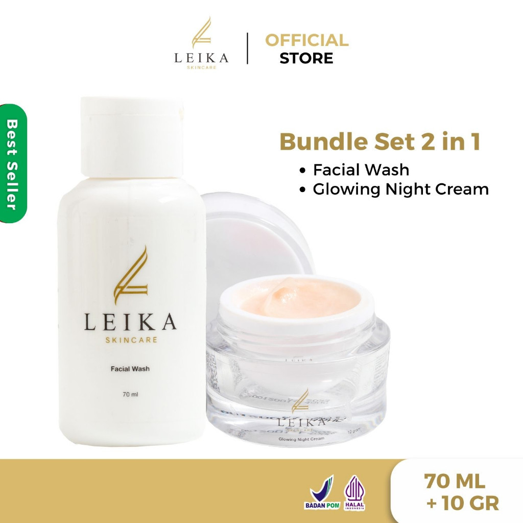 Leika Skincare 2 in 1 Glowing Night Cream & Facial Wash Leika Skin Care Resmi BPOM