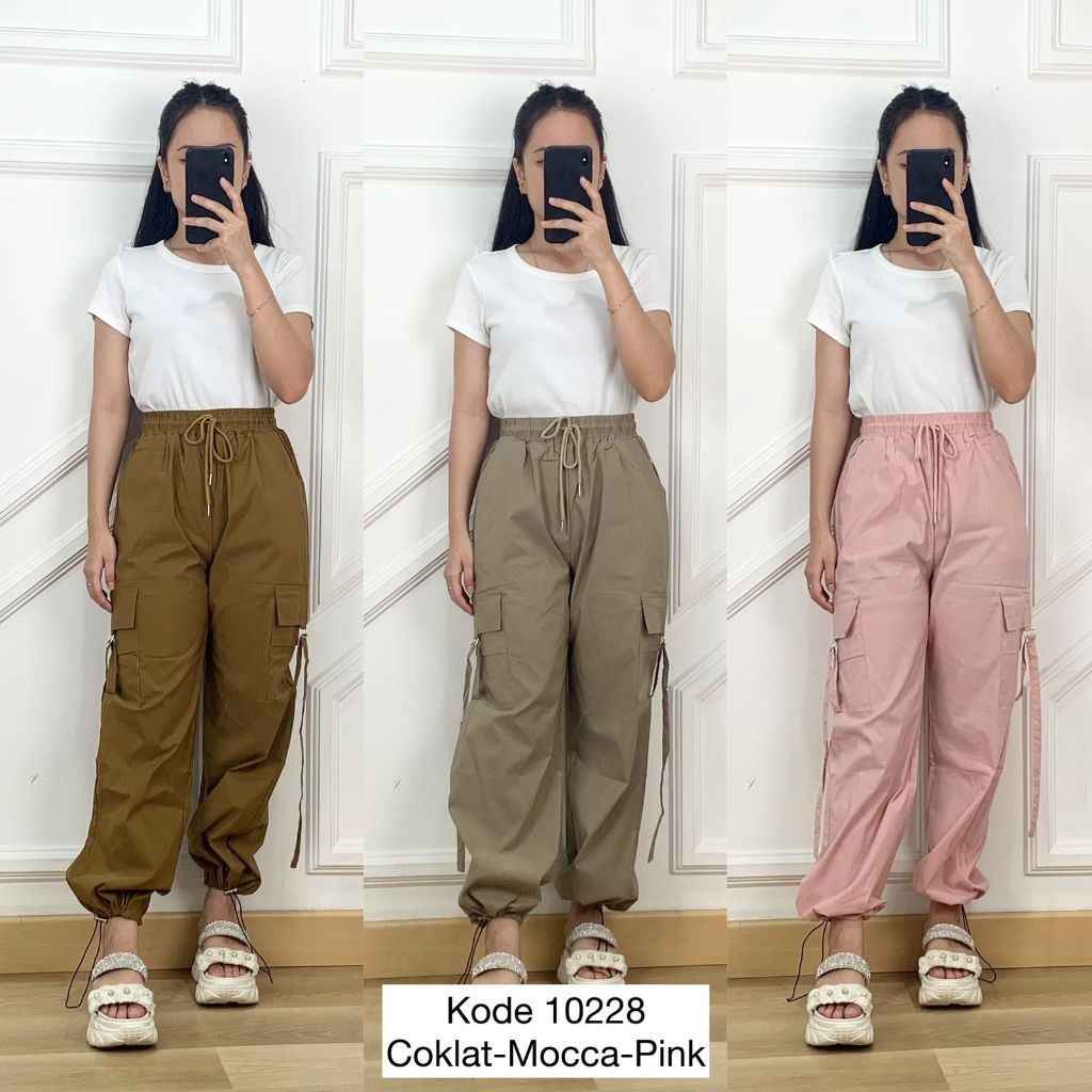 10228 CELANA CARGO PANJANG TWIN POCKET VARIASI TALI TALI KANAN KIRI PINGGANG KARET KELILING PREMIUM 